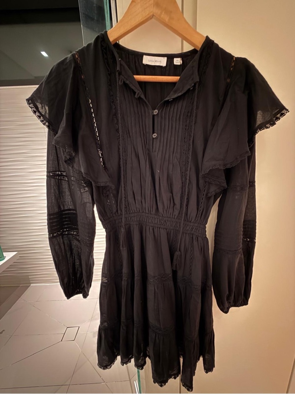 Aritzia Black Lace-Trim Smocked Waist Long Sleeve Dress